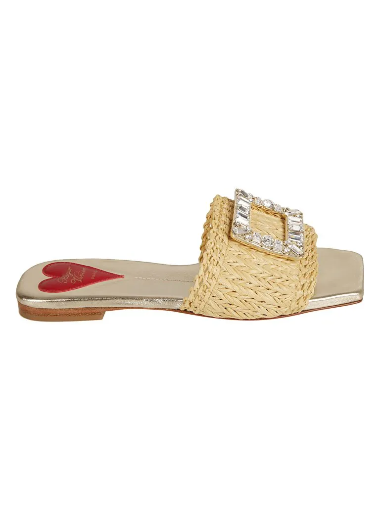 ROGER VIVIERSTRASS BUCKLE RAFIA MULE Crema