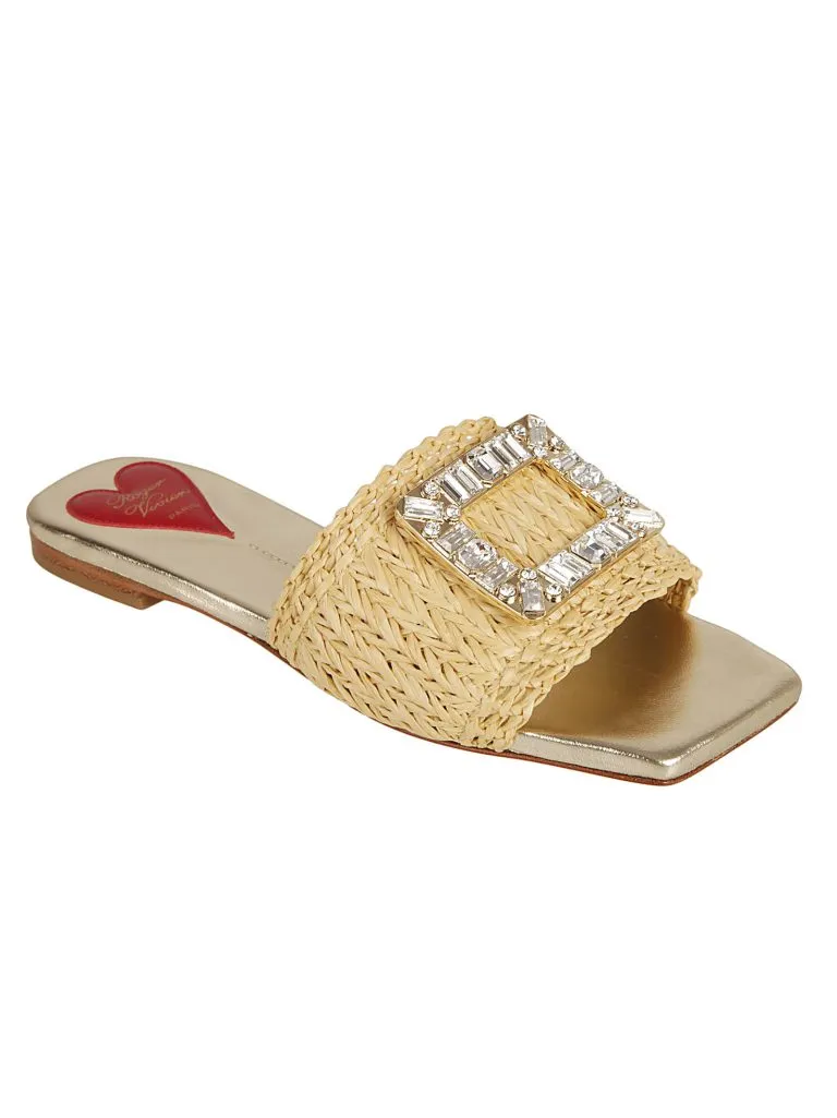 ROGER VIVIERSTRASS BUCKLE RAFIA MULE Crema