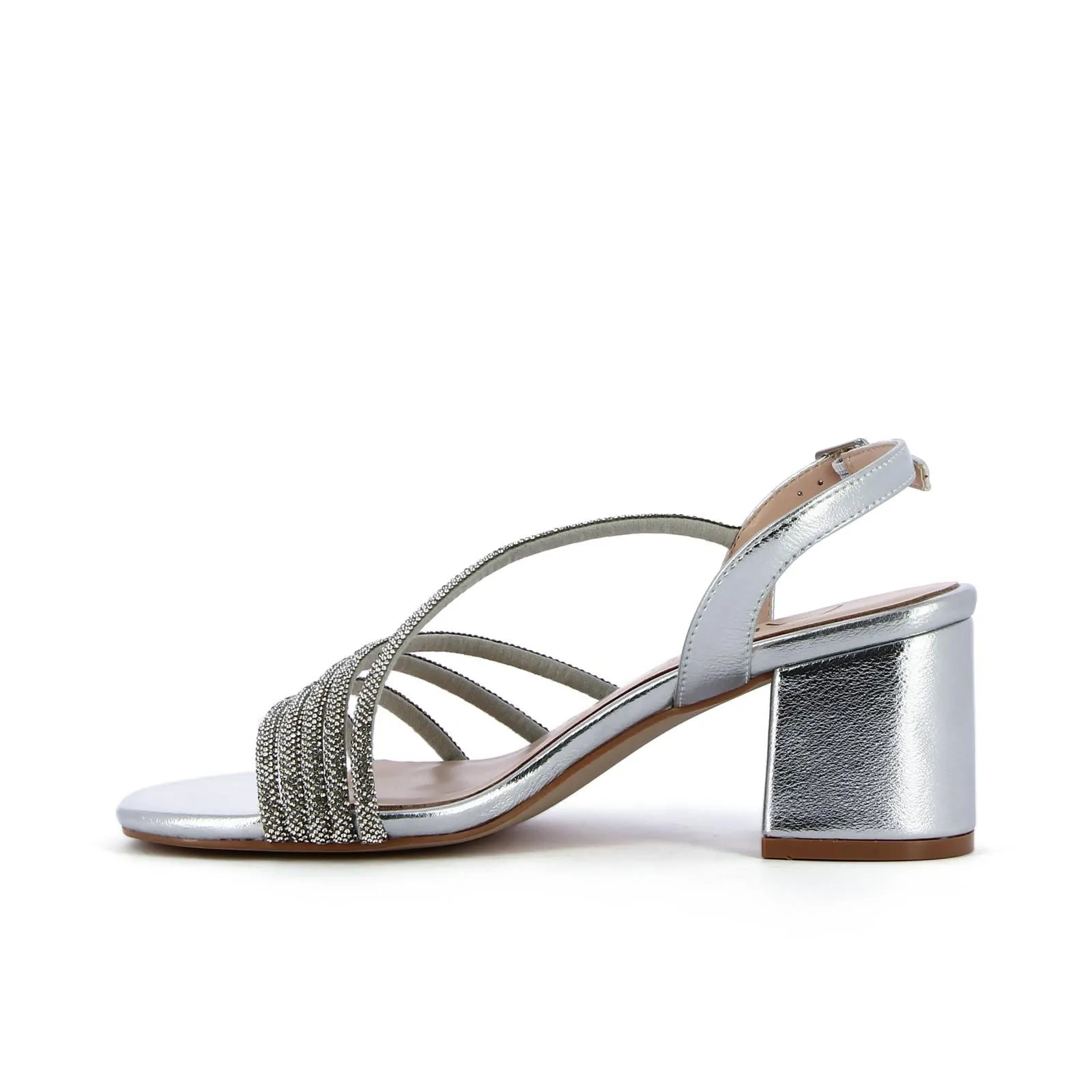 Sandali argento con strass e tacco medio largo