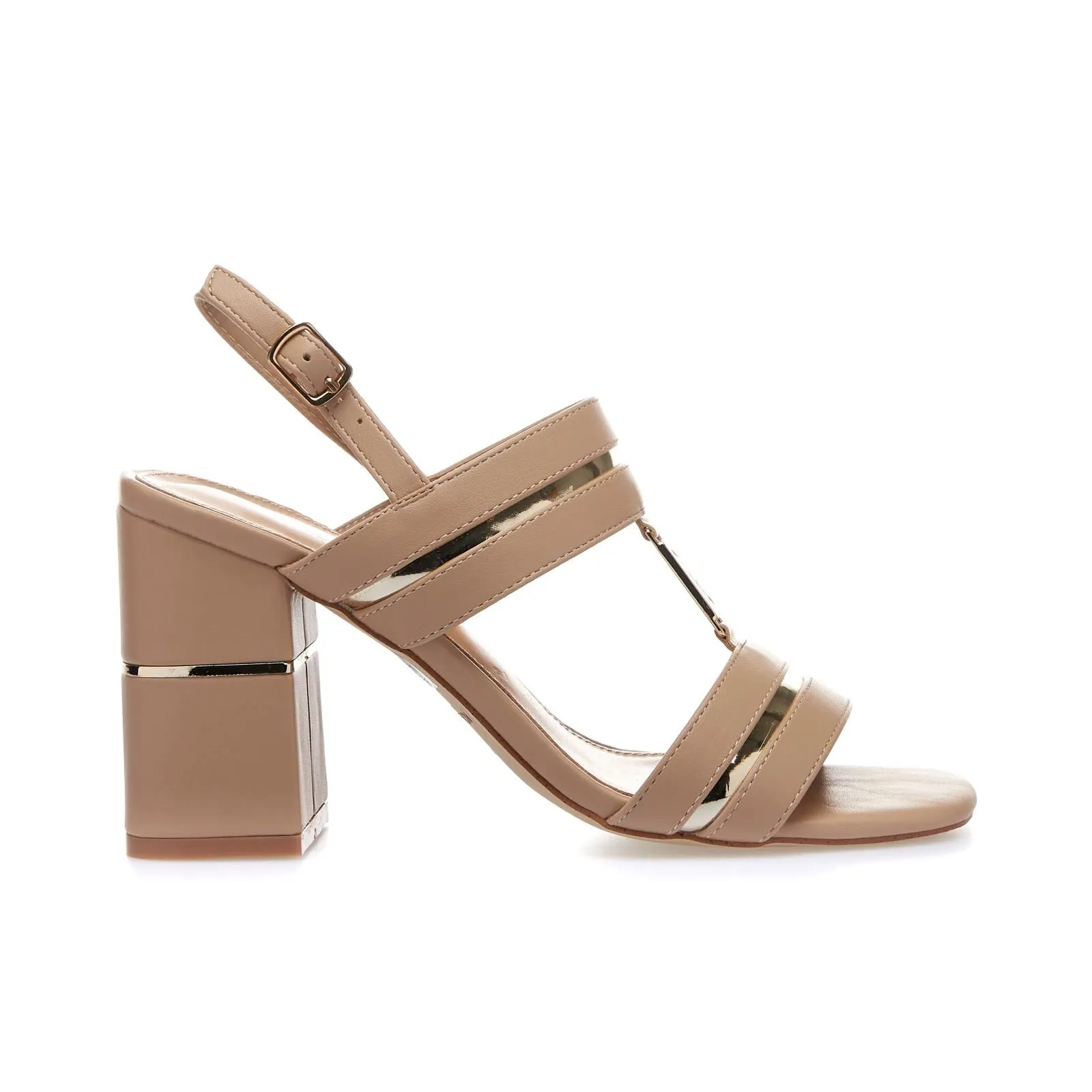 Sandali beige con tacco alto largo e T-bar