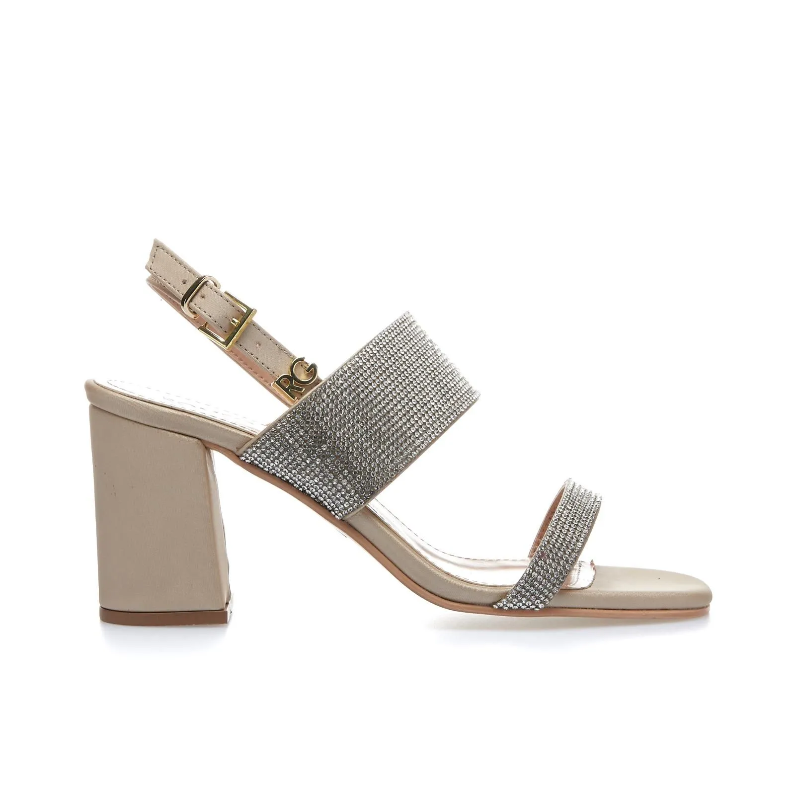 Sandali beige con tacco largo e strass