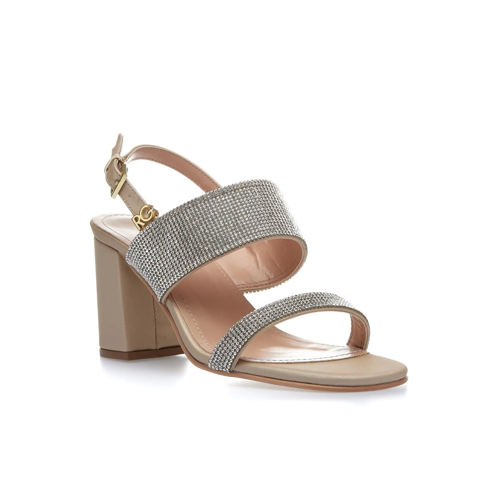 Sandali beige con tacco largo e strass