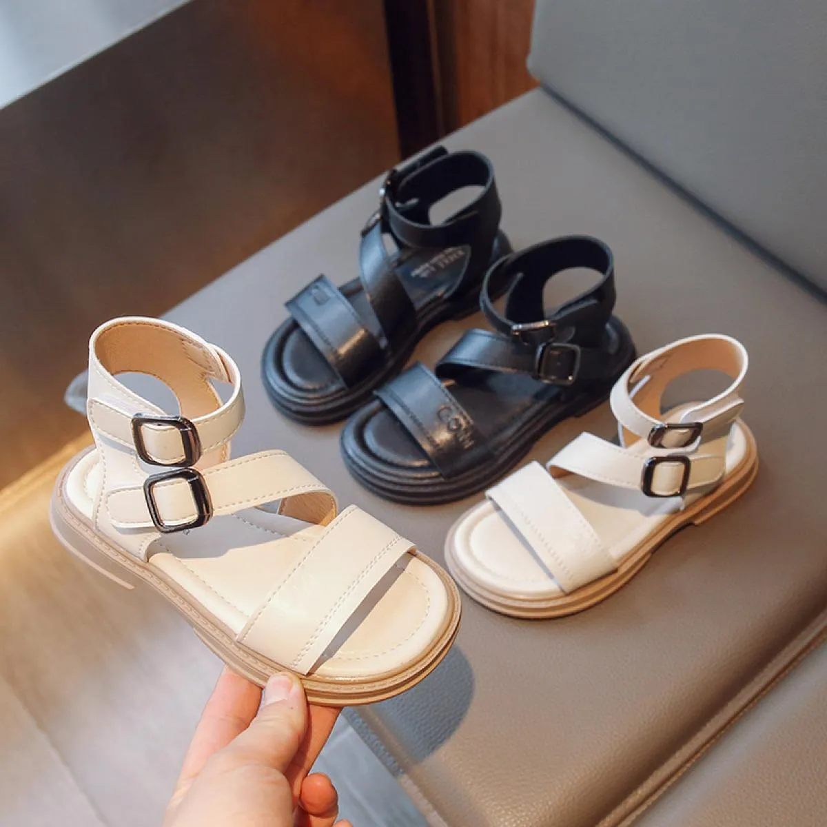 Sandali moda per bambini Fibbia alta Scarpe estive classiche da ragazza nere beige 26 36 Fondo spesso Scarpe per bambini tutte a