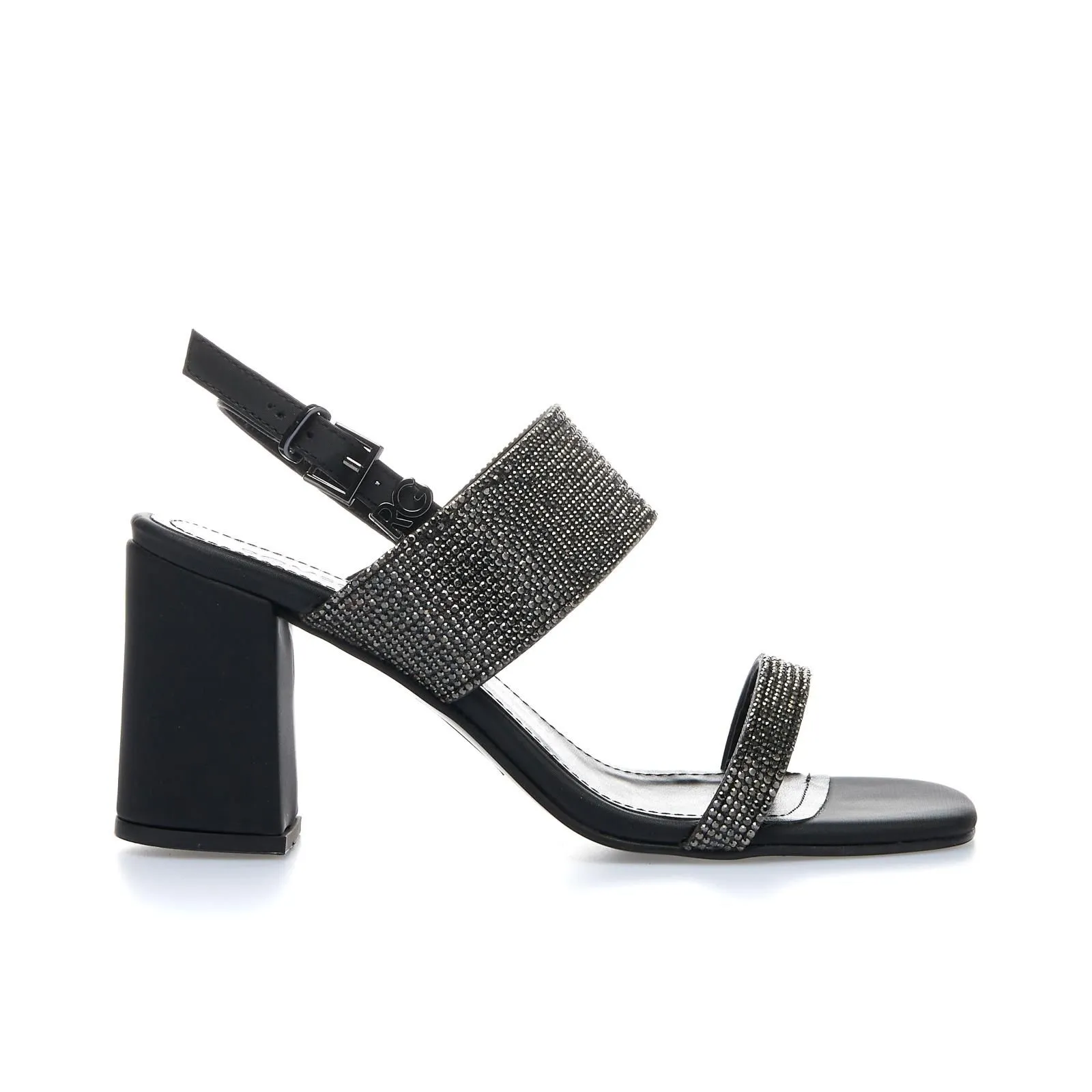Sandali neri con tacco largo e strass