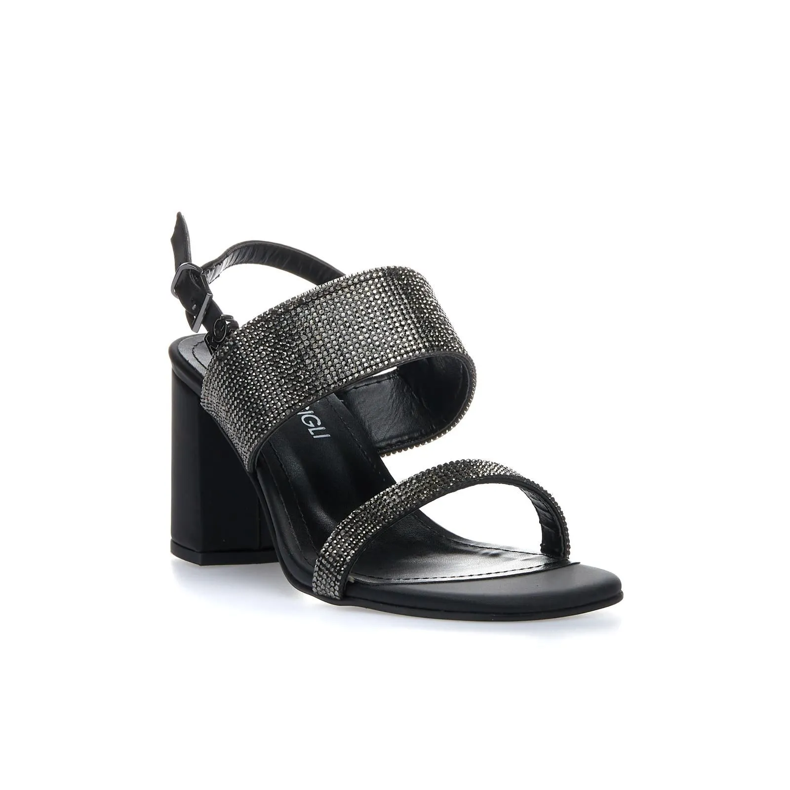 Sandali neri con tacco largo e strass