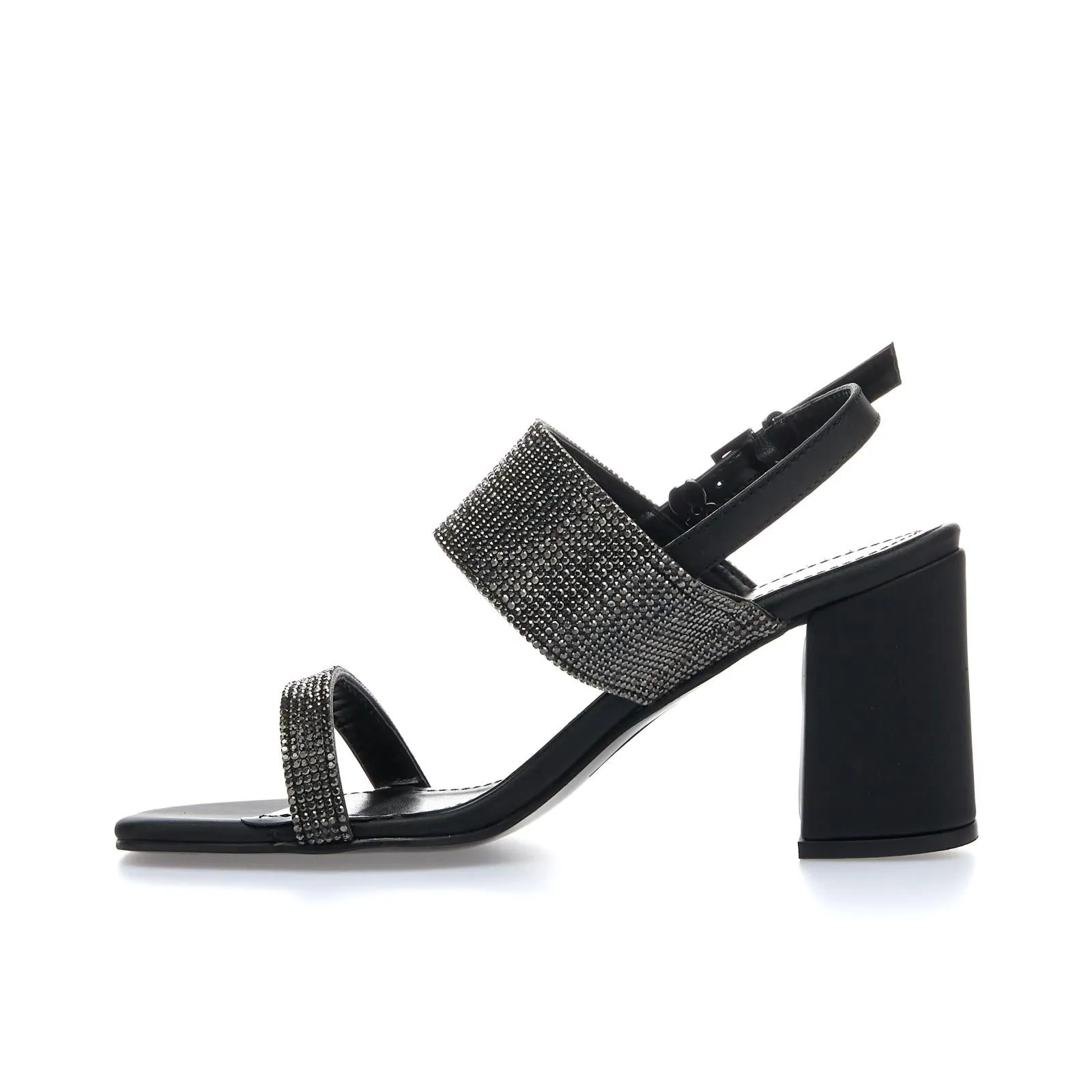 Sandali neri con tacco largo e strass