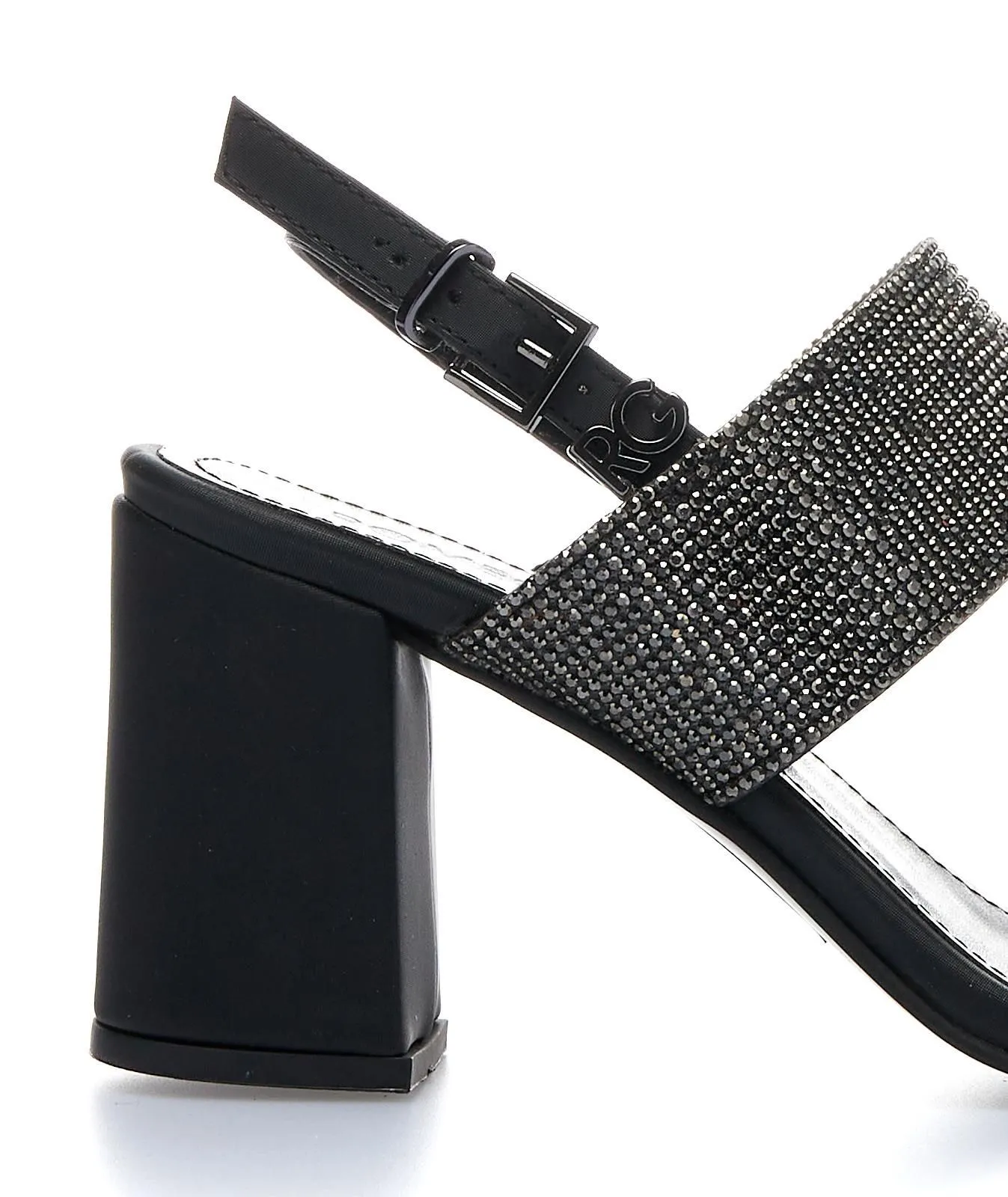 Sandali neri con tacco largo e strass
