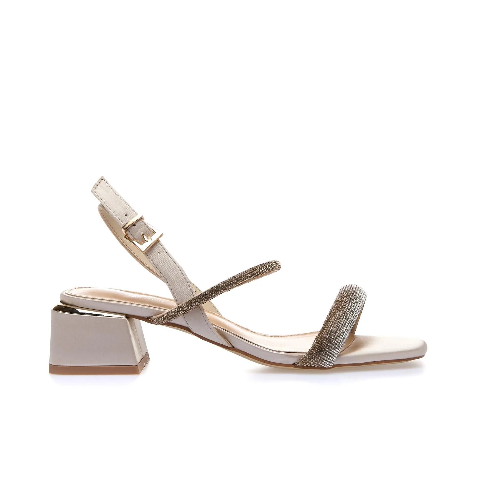 Sandali rosa con tacco basso largo e cinturini con strass