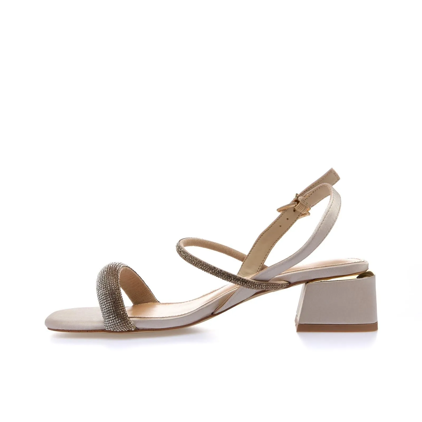 Sandali rosa con tacco basso largo e cinturini con strass