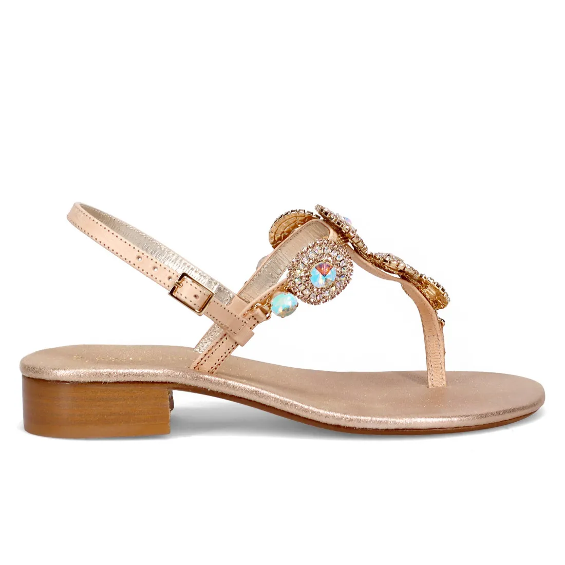 Sandalo infadito gioiello Positano in pelle beige con pietre e strass