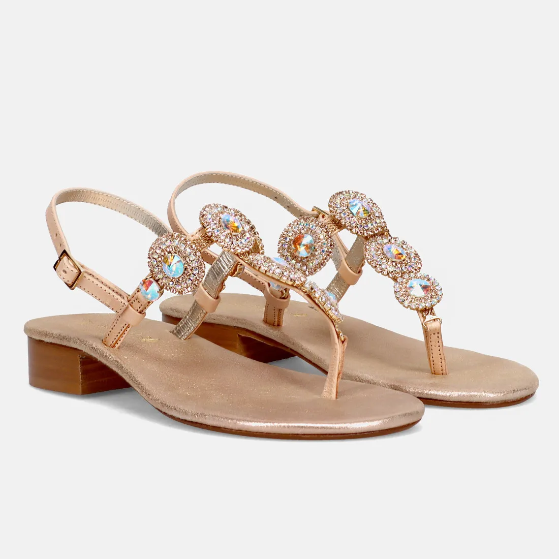 Sandalo infadito gioiello Positano in pelle beige con pietre e strass