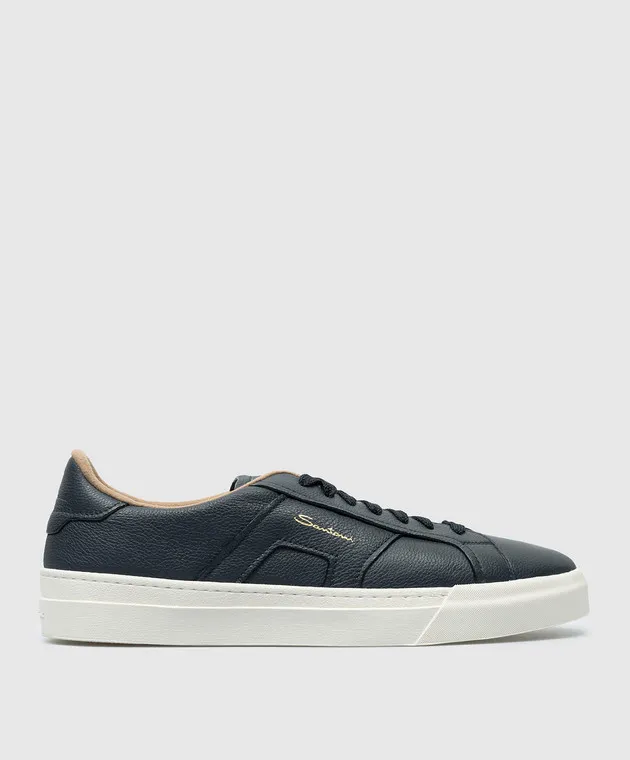 Santoni Sneakers doppia fibbia in pelle blu con logo testurizzato MBGT21967PNNKSIW