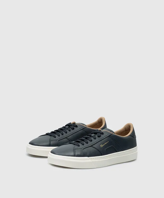 Santoni Sneakers doppia fibbia in pelle blu con logo testurizzato MBGT21967PNNKSIW