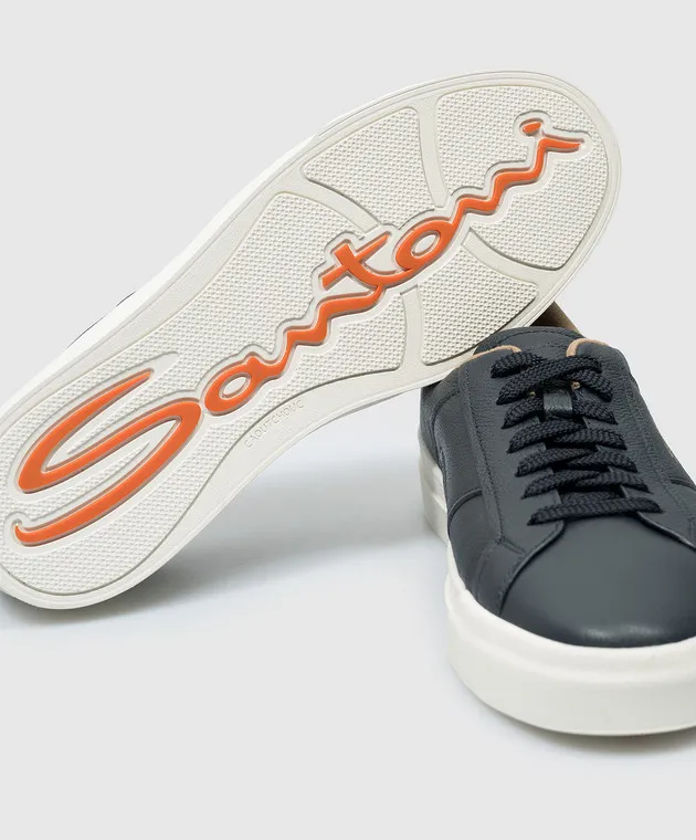 Santoni Sneakers doppia fibbia in pelle blu con logo testurizzato MBGT21967PNNKSIW