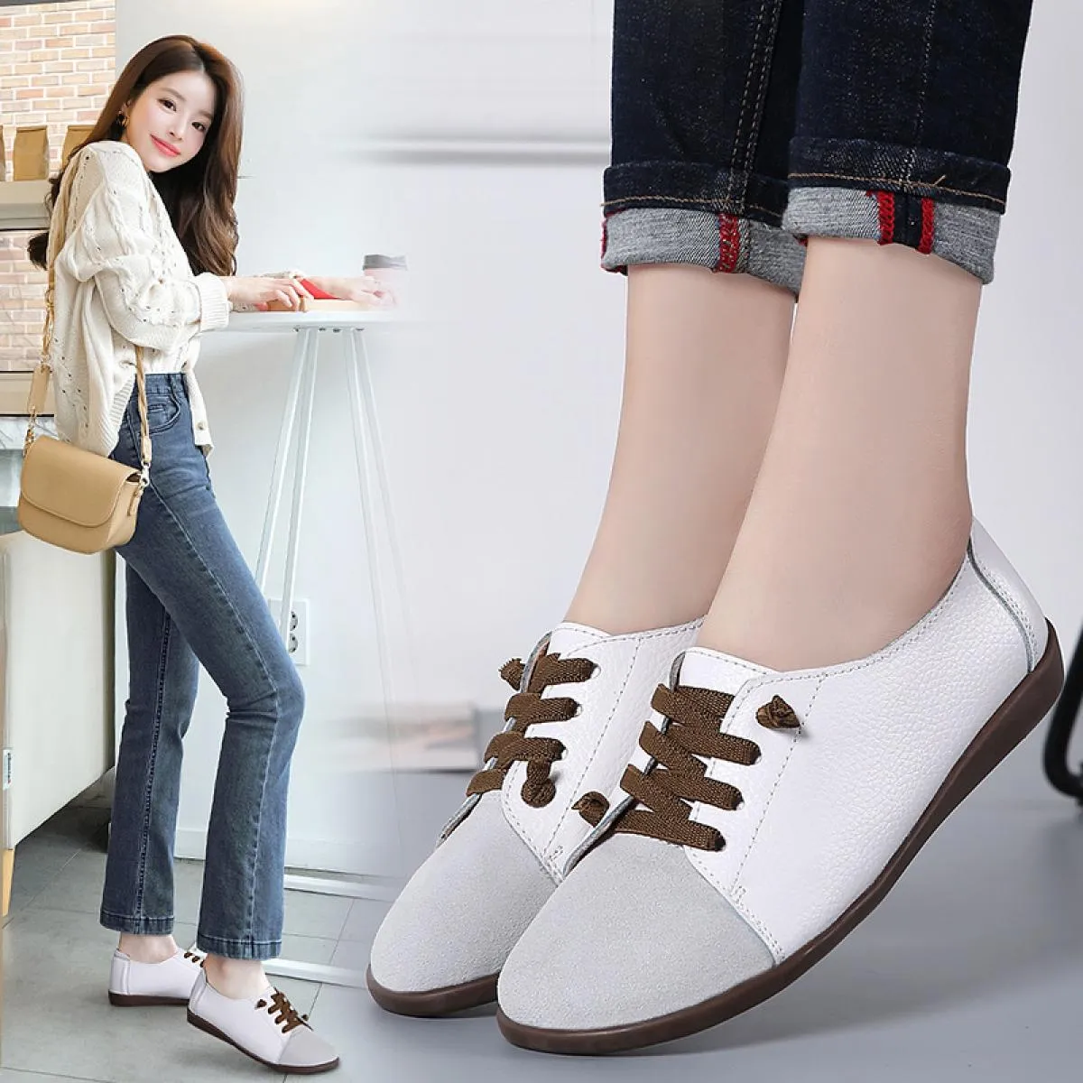 Scarpe basse da donna Scarpe in vera pelle Mocassini moda donna Sneaker Colore misto Slip On Lace Up Scarpe casual da donna Pl