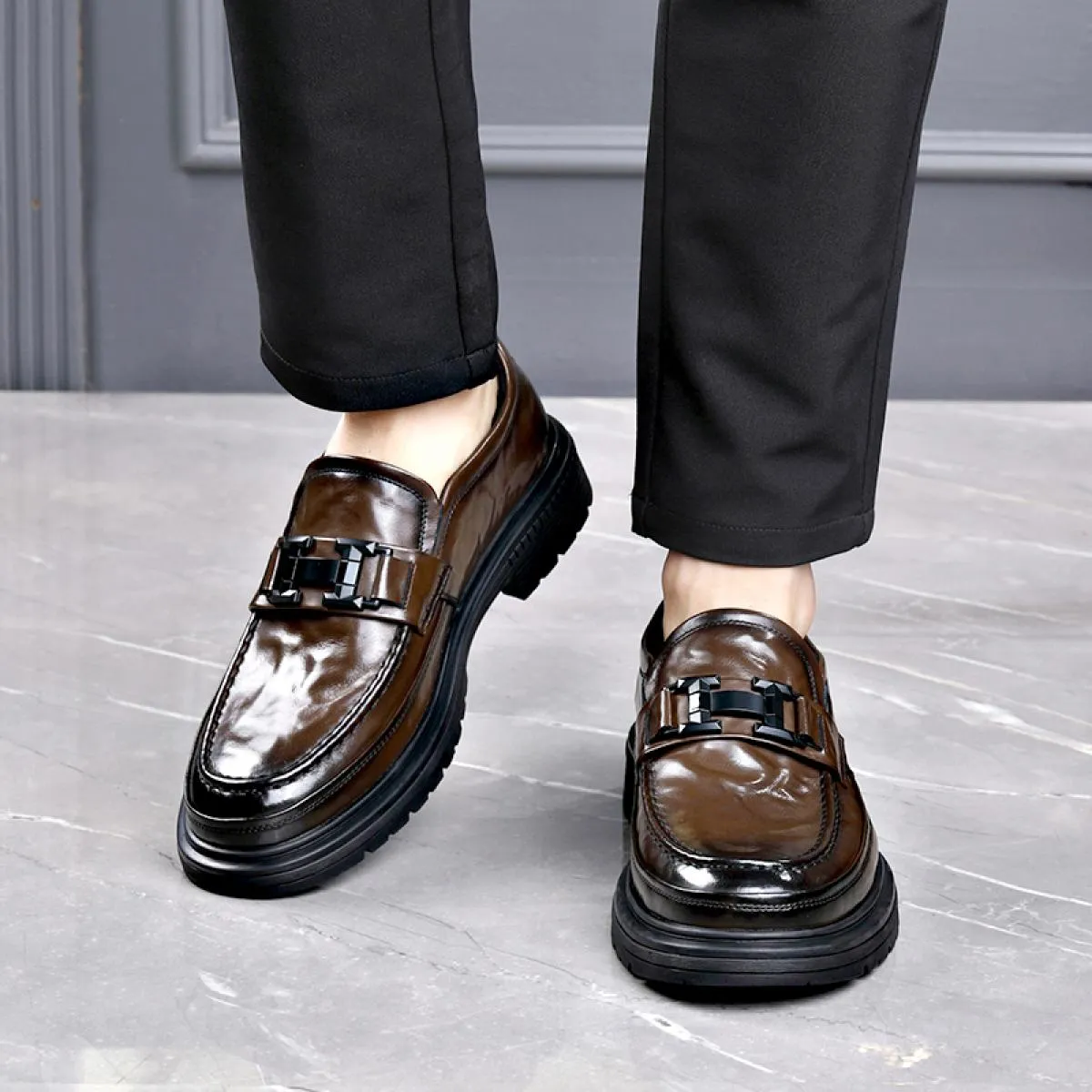 Scarpe in pelle con punta grande per uomo che indossa mocassini Lefu in vera pelle con punta larga di fascia alta, punta tonda,