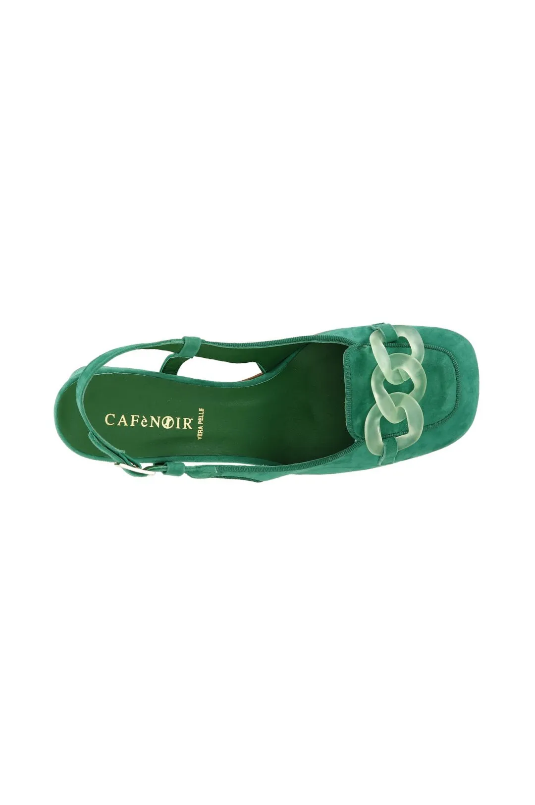 scarpe in suede realizzate in camoscio aperte sul retro con morsetto trasparente verde