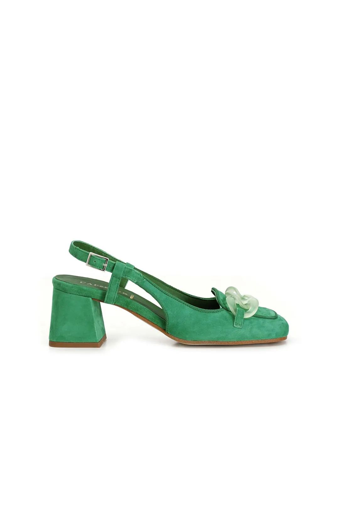 scarpe in suede realizzate in camoscio aperte sul retro con morsetto trasparente verde