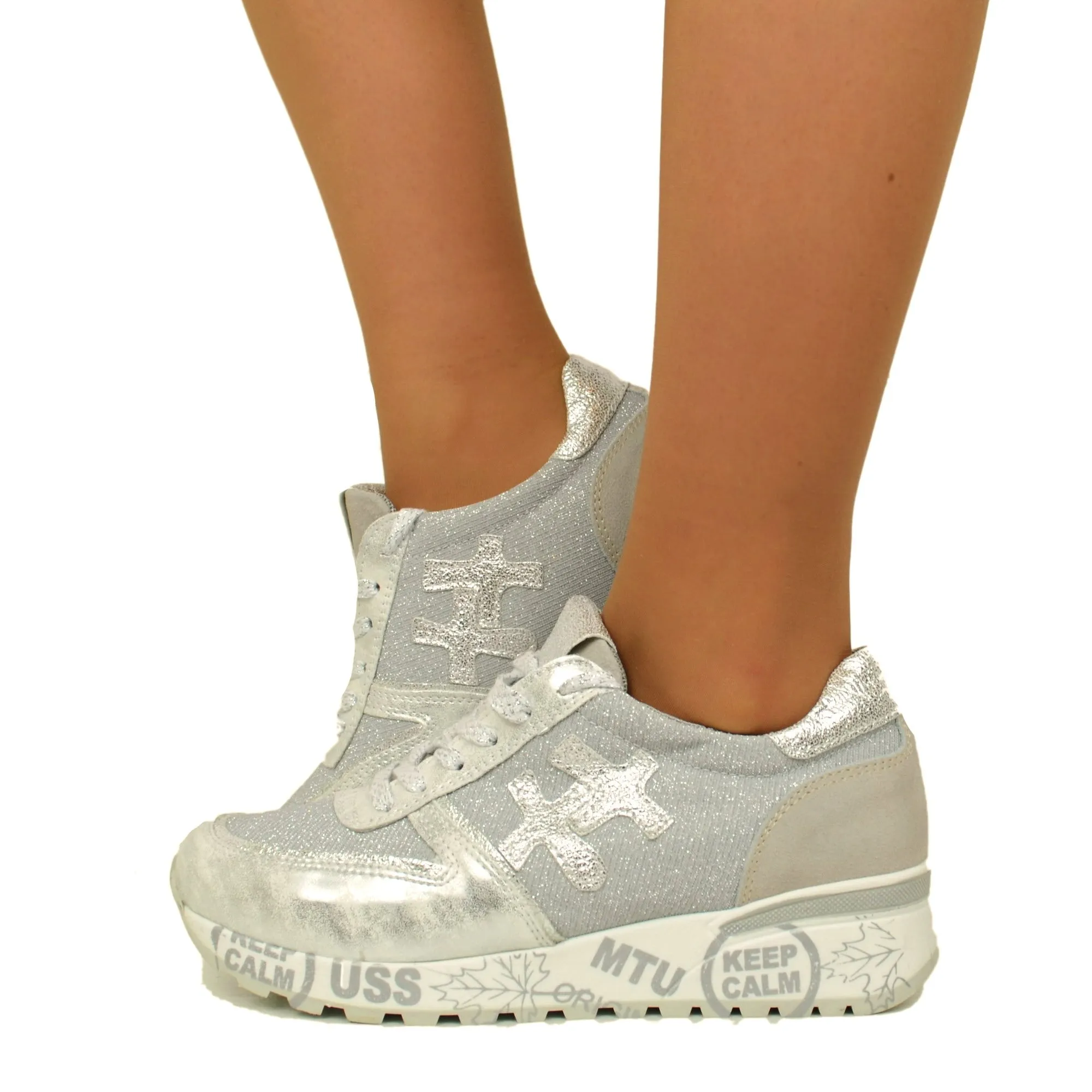 Sneakers Donna in Pelle Argento Made in Italy con Lacci