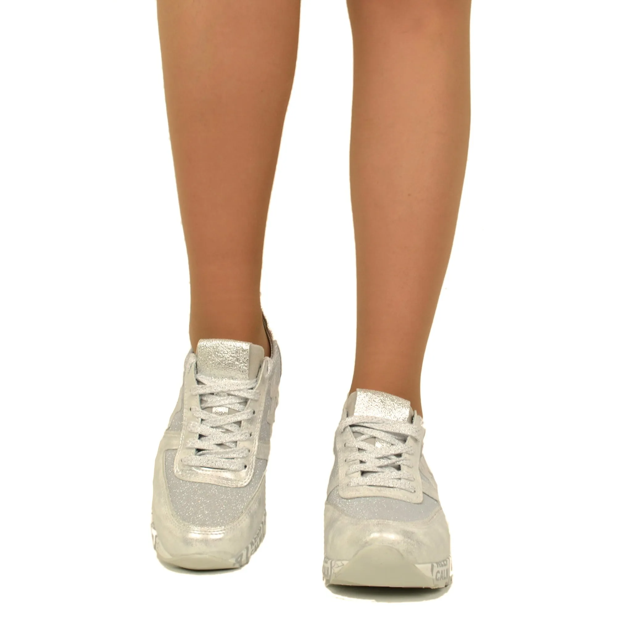 Sneakers Donna in Pelle Argento Made in Italy con Lacci