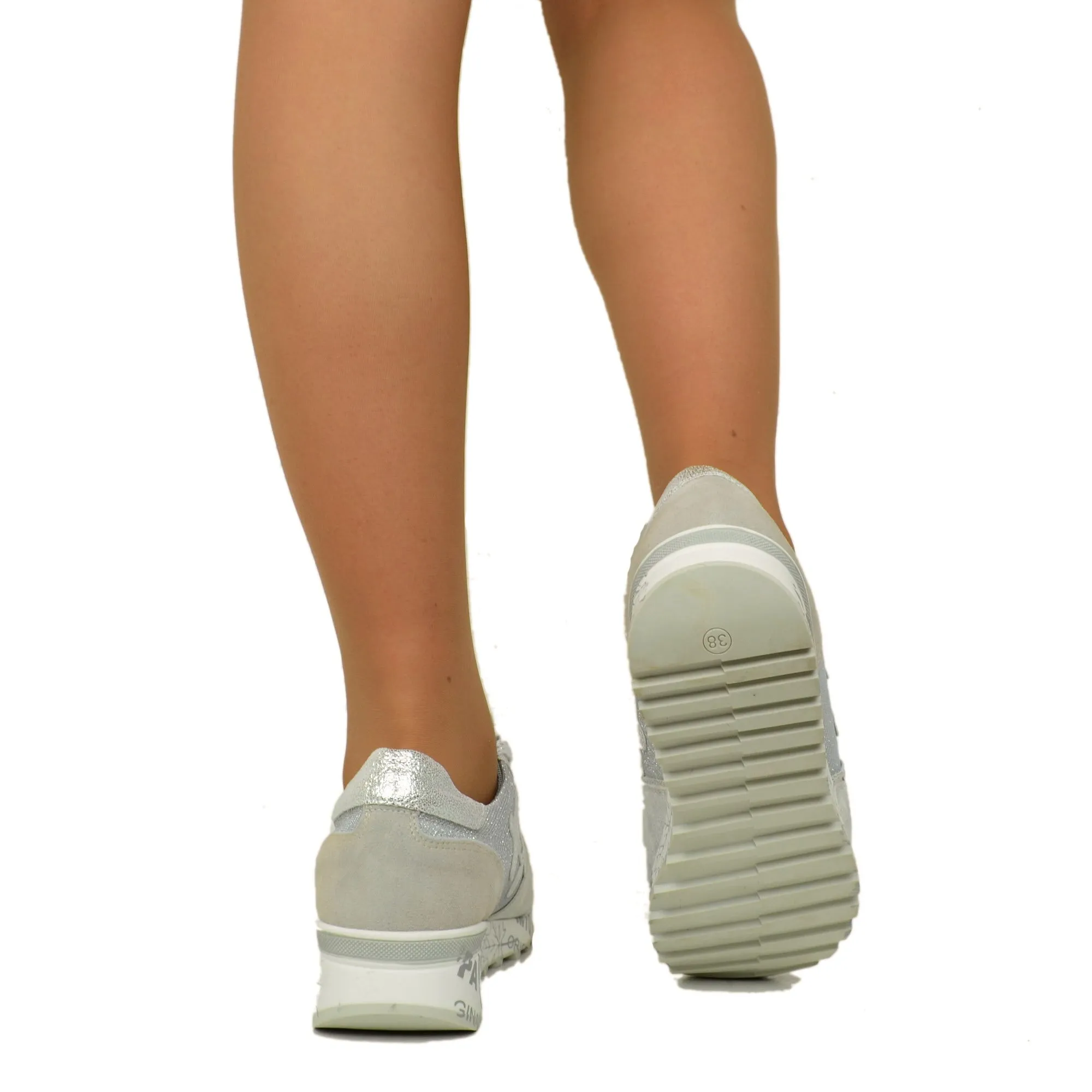 Sneakers Donna in Pelle Argento Made in Italy con Lacci