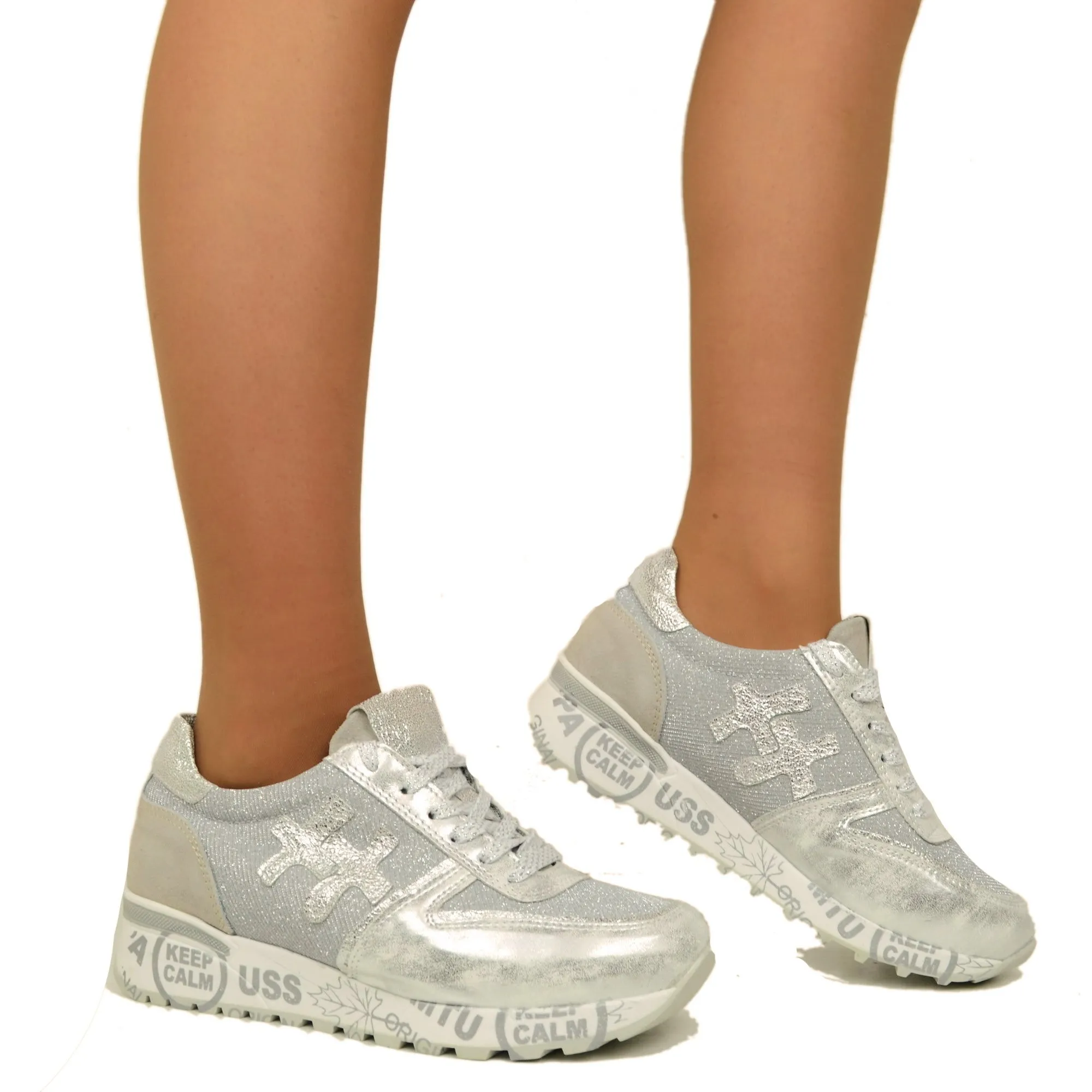 Sneakers Donna in Pelle Argento Made in Italy con Lacci