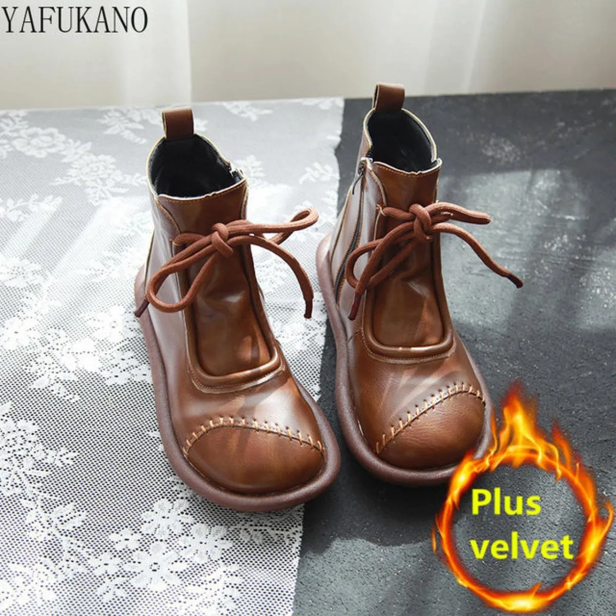 Stivaletti corti letterari con fondo spesso a testa tonda retrò Mori Stivali casual stile etnico Stivaletti alti da donna in vel