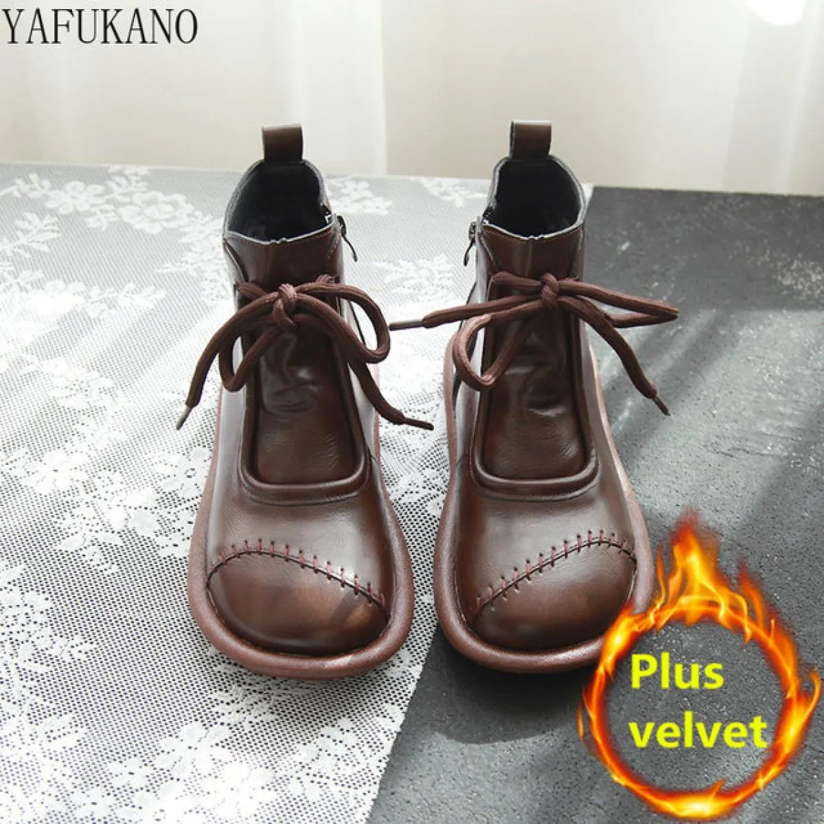Stivaletti corti letterari con fondo spesso a testa tonda retrò Mori Stivali casual stile etnico Stivaletti alti da donna in vel