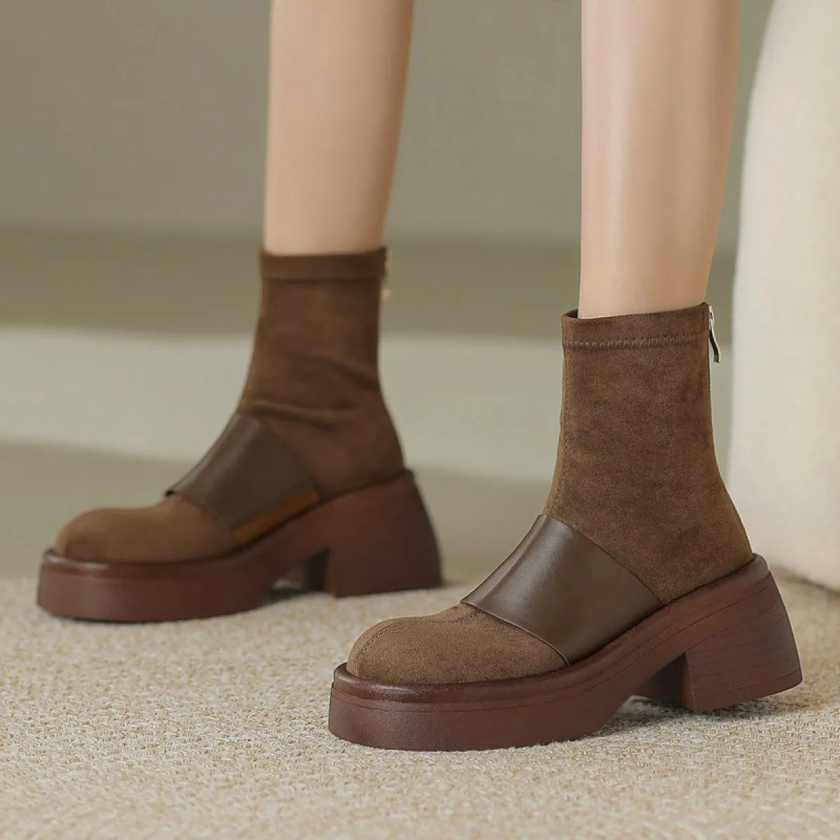 Stivaletti da donna per il tempo libero Autunno Inverno Piattaforme Stivaletti basic in vera pelle con punta tonda Scarpe da don