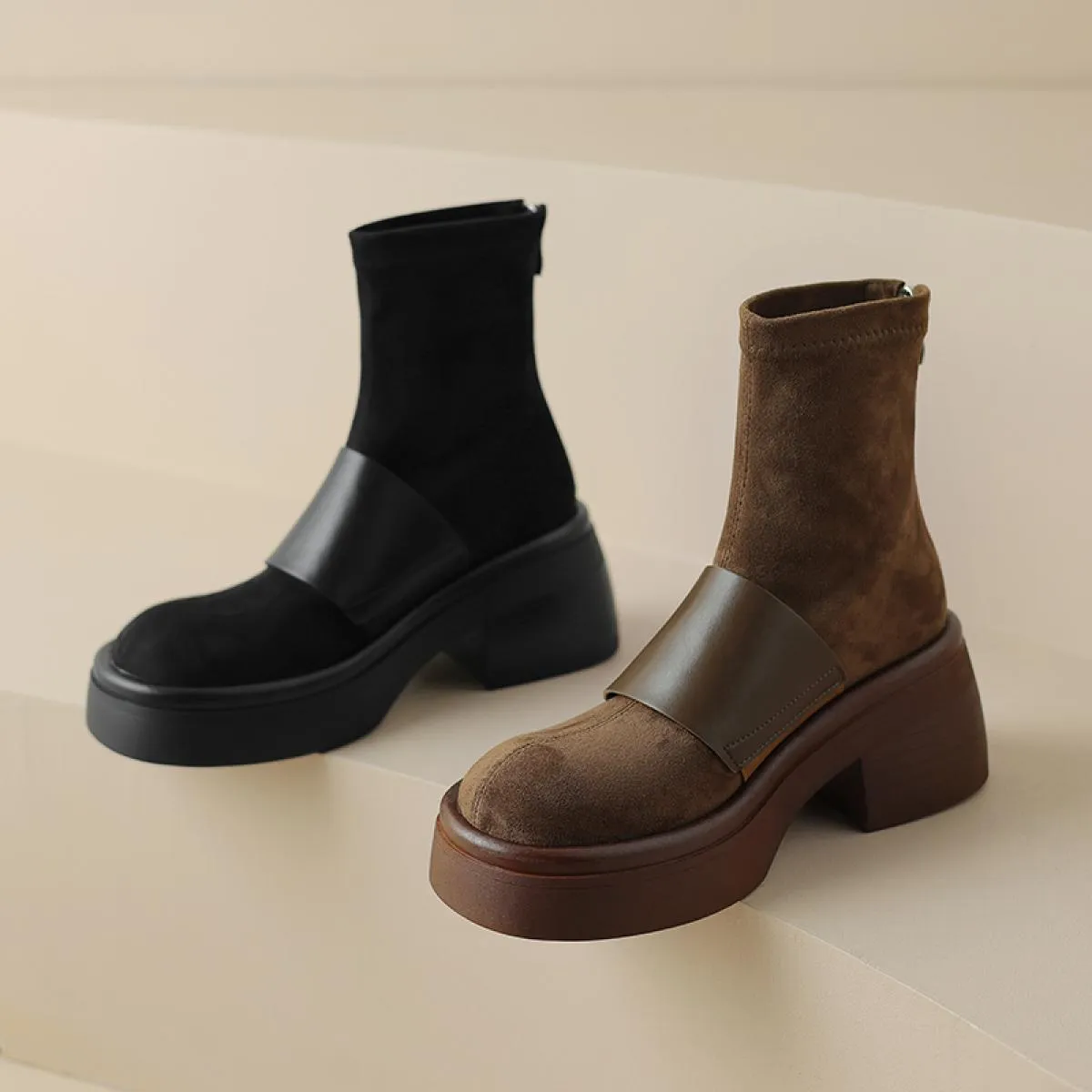Stivaletti da donna per il tempo libero Autunno Inverno Piattaforme Stivaletti basic in vera pelle con punta tonda Scarpe da don
