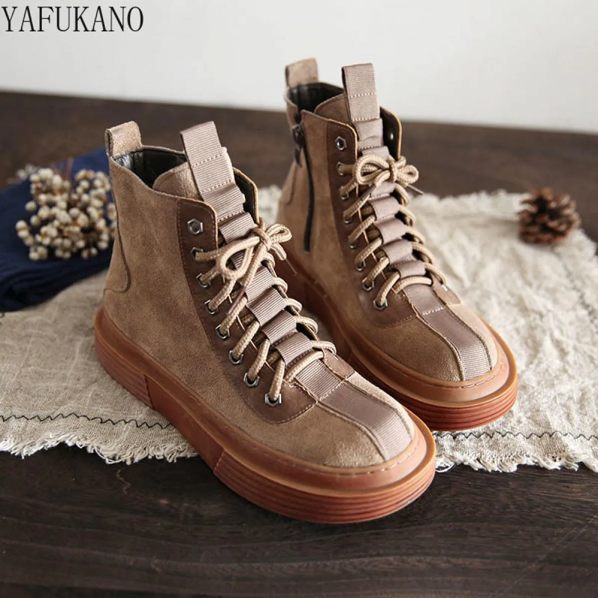 Stivali da donna Europa America con suola spessa Mori Stivaletti casual retrò letterari Stivaletti da donna con lacci in pelle s