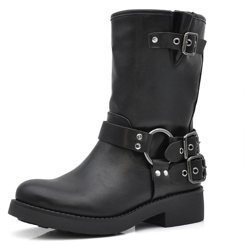 Stivali Stivaletti Biker Anfibi Motociclista Fibbie Cinghie Da Donna RQ65