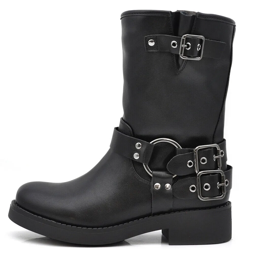 Stivali Stivaletti Biker Anfibi Motociclista Fibbie Cinghie Da Donna RQ65