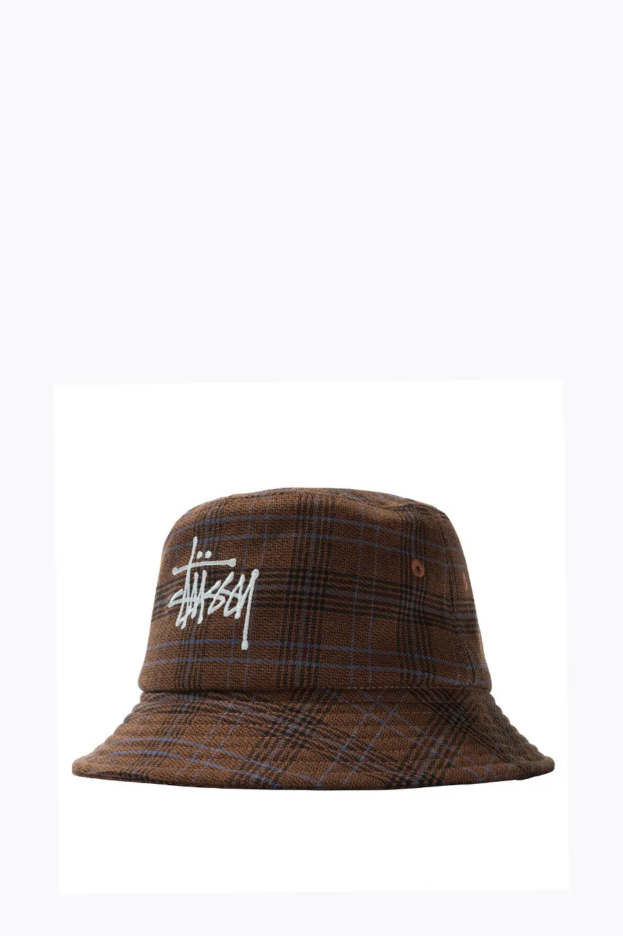 STUSSY BIG LOGO PLAID BUCKET HAT BROWN