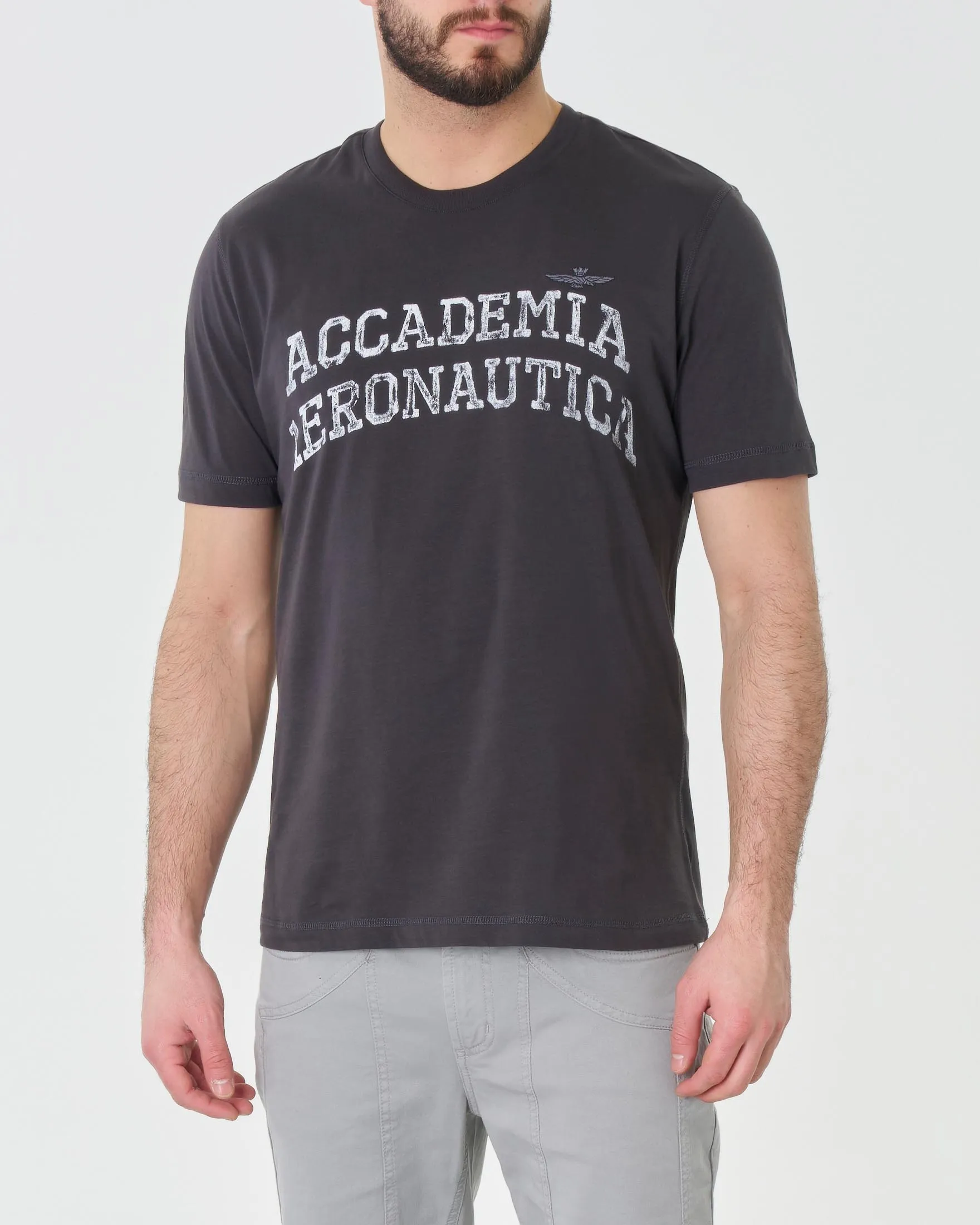 T-shirt grigio antracite in puro cotone con stampa Accademia Aeronautica frontale
