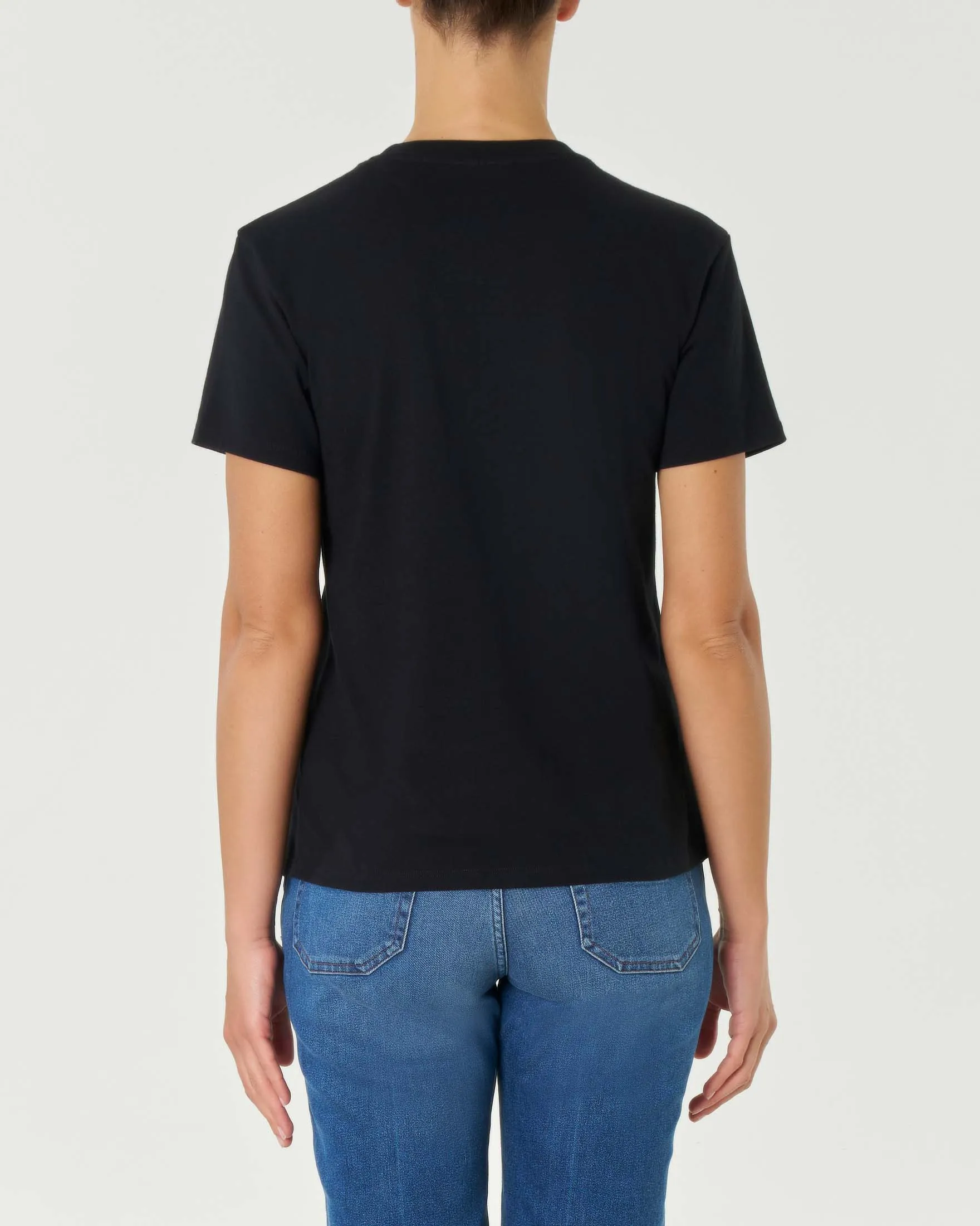 T-shirt nera a tinta unita in puro cotone con logo piccolo ricamato sul petto in tono