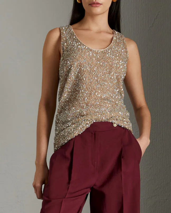 Top smanicato beige in tulle con ricamo di paillettes argento