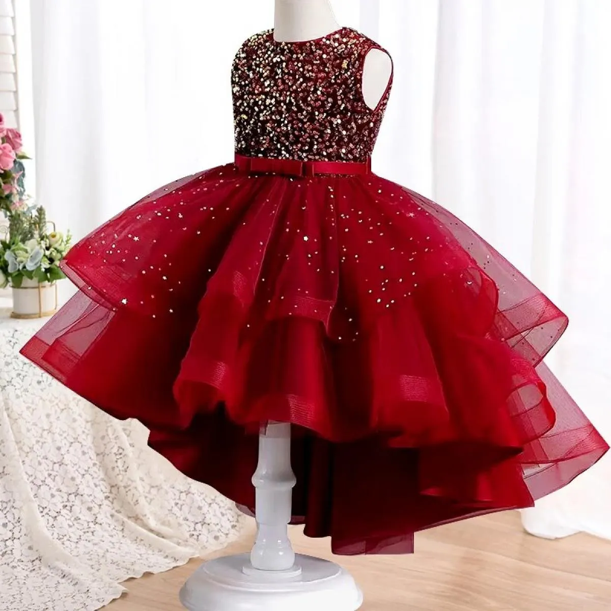 Tuta da ragazza senza maniche con paillettes Abito da festa per comunione di compleanno con strascico Abito da spettacolo per ra