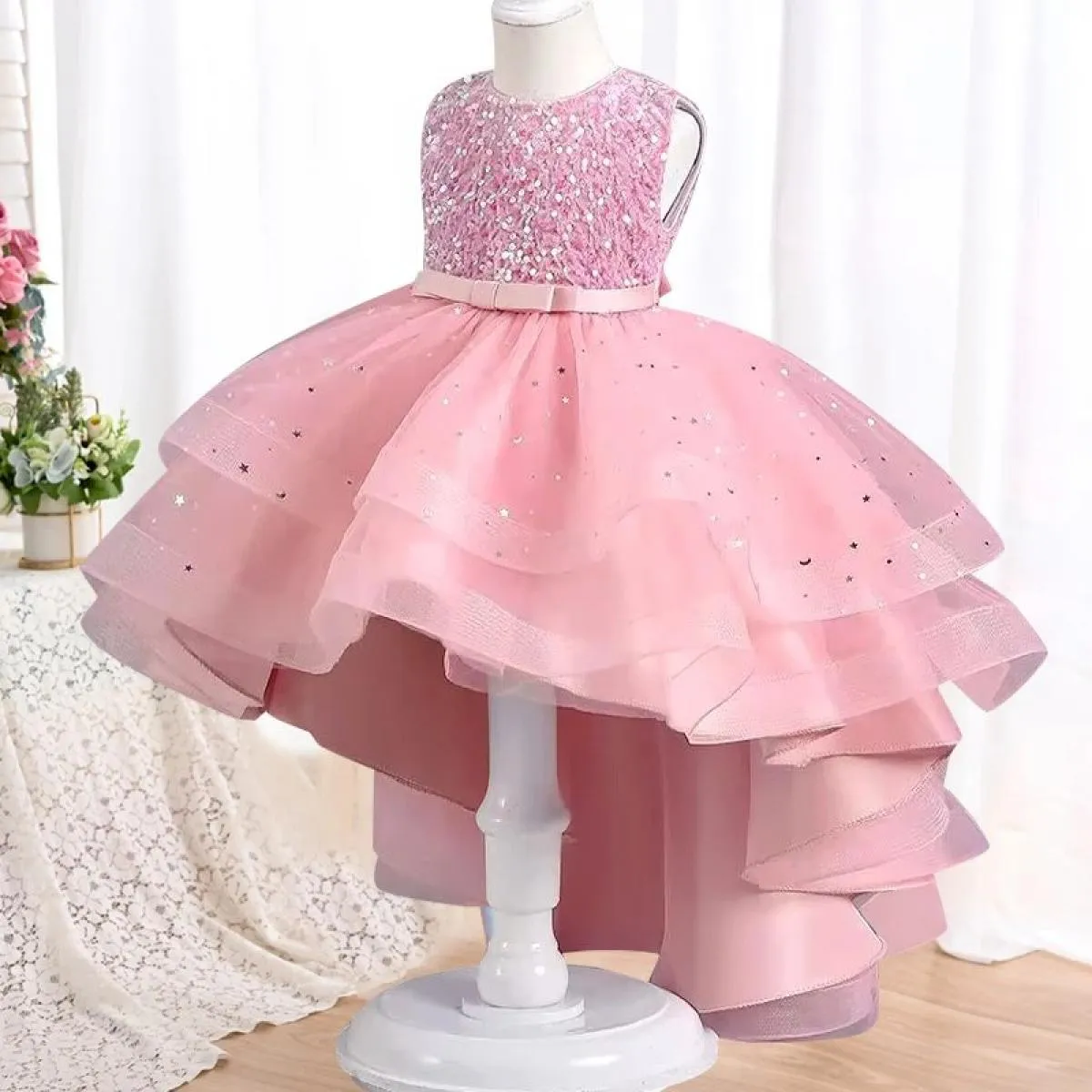 Tuta da ragazza senza maniche con paillettes Abito da festa per comunione di compleanno con strascico Abito da spettacolo per ra