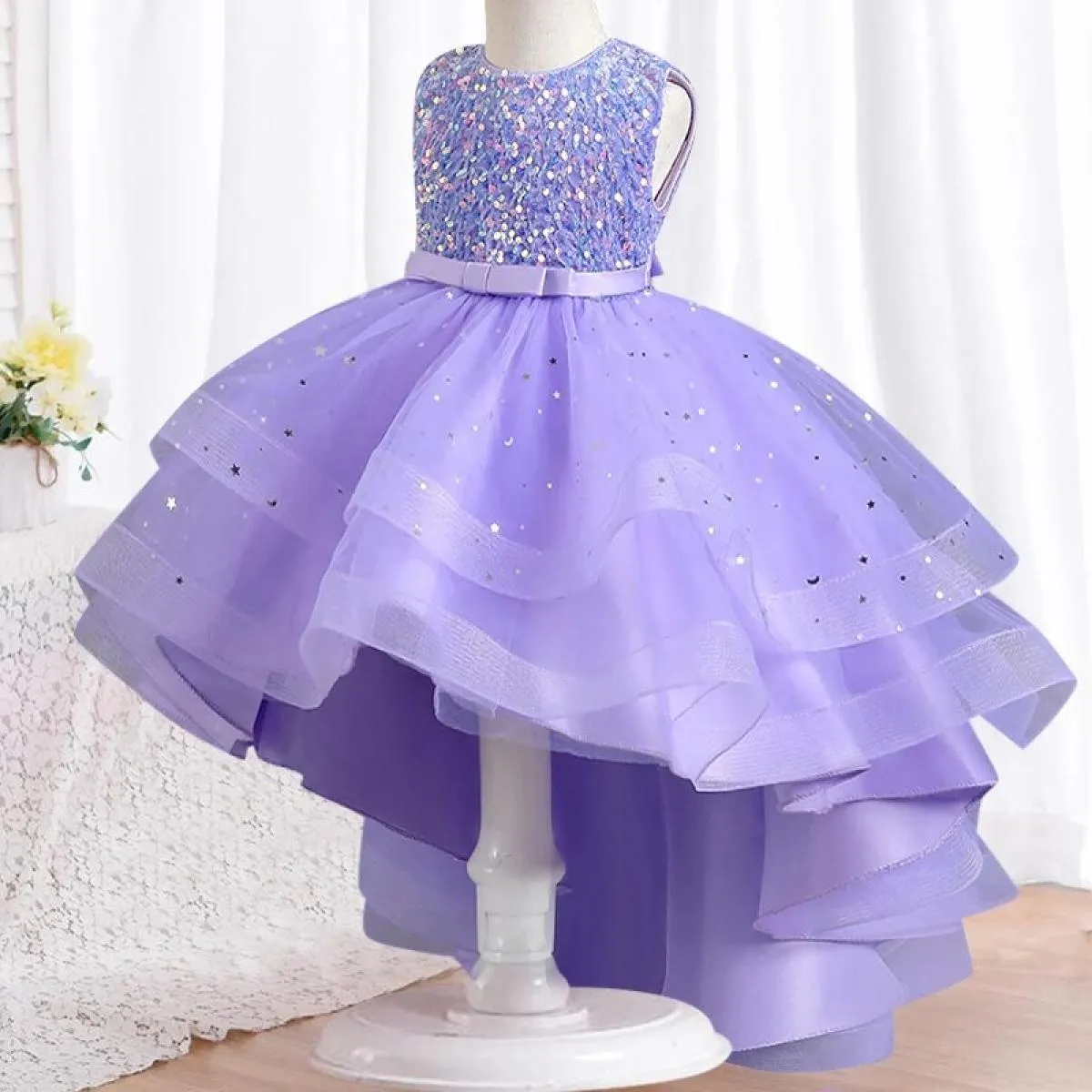 Tuta da ragazza senza maniche con paillettes Abito da festa per comunione di compleanno con strascico Abito da spettacolo per ra