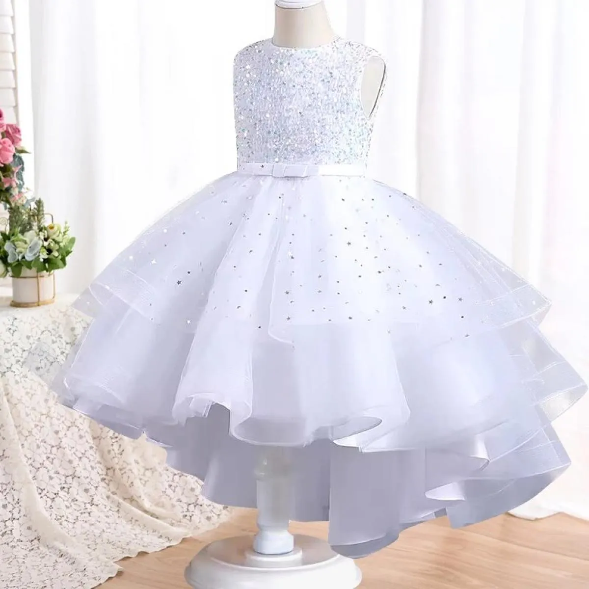 Tuta da ragazza senza maniche con paillettes Abito da festa per comunione di compleanno con strascico Abito da spettacolo per ra