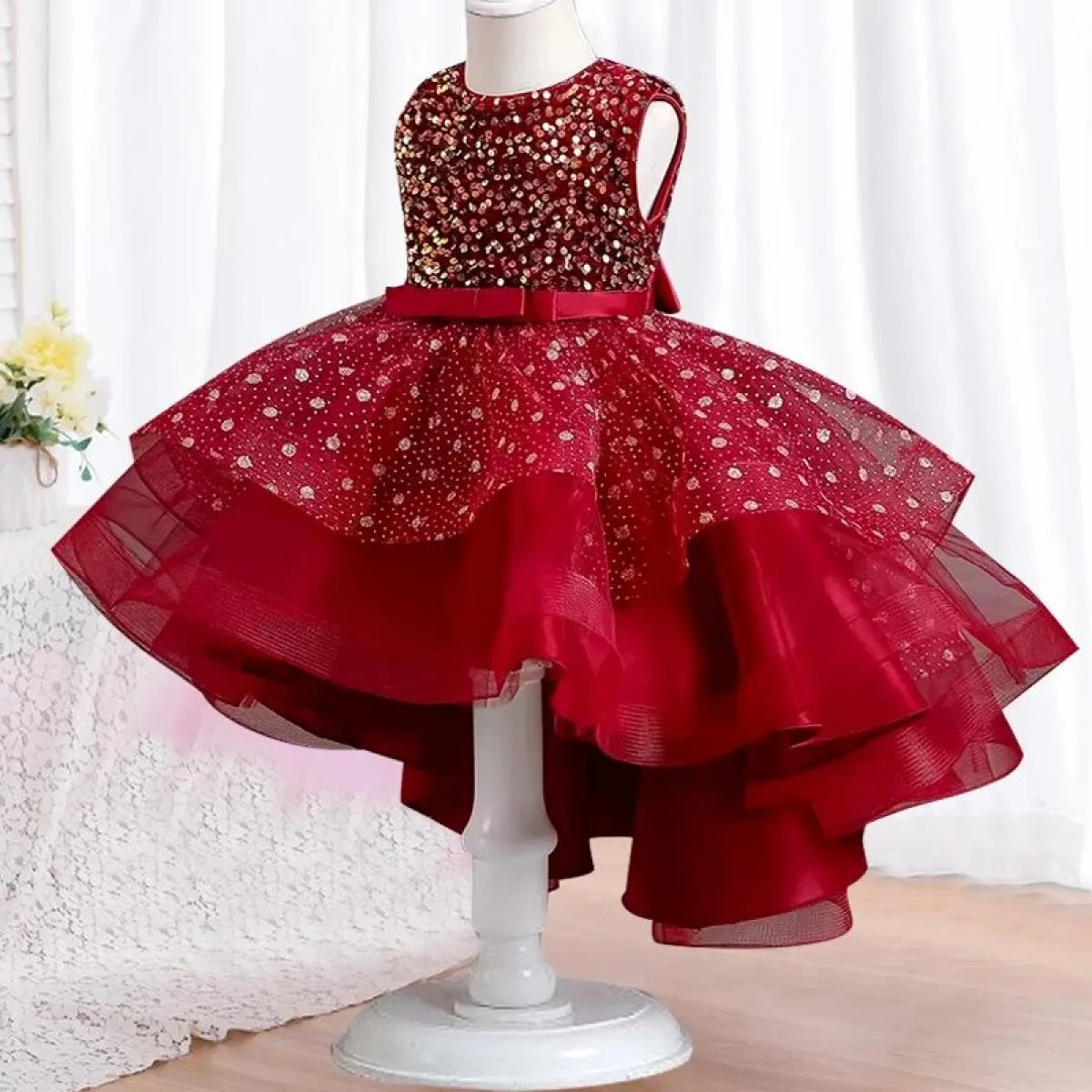 Tuta da ragazza senza maniche con paillettes Abito da festa per comunione di compleanno con strascico Abito da spettacolo per ra