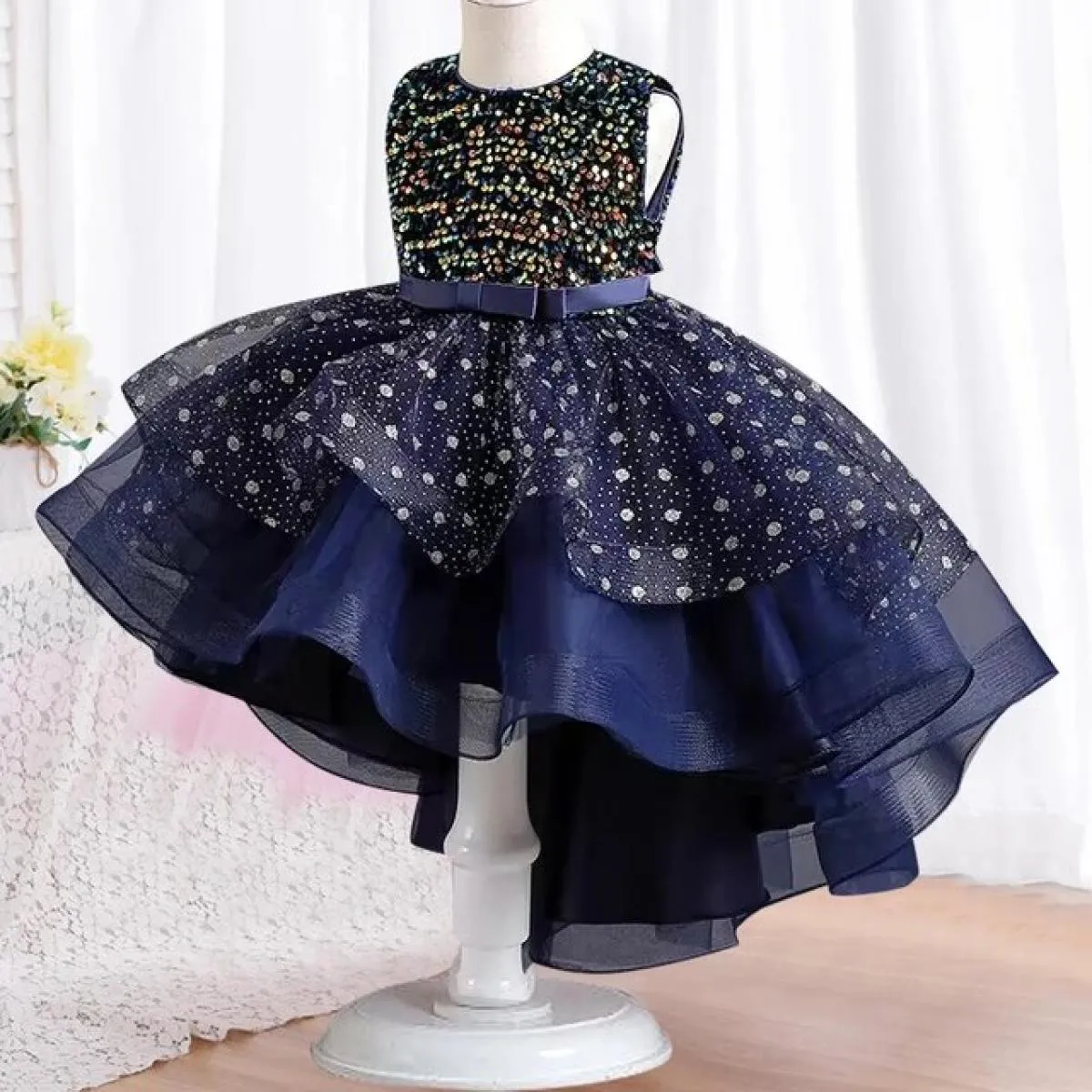 Tuta da ragazza senza maniche con paillettes Abito da festa per comunione di compleanno con strascico Abito da spettacolo per ra