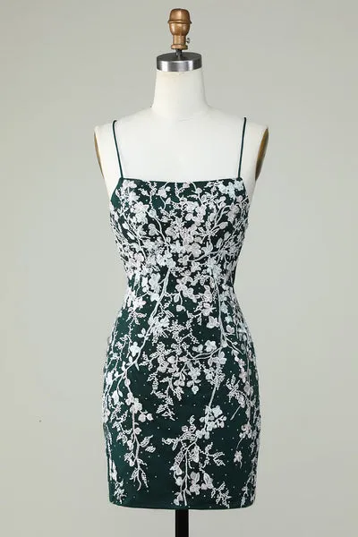 Verde scuro cinghie di spaghetti spalline bodycon abito da ritorno a casa con applicazioni