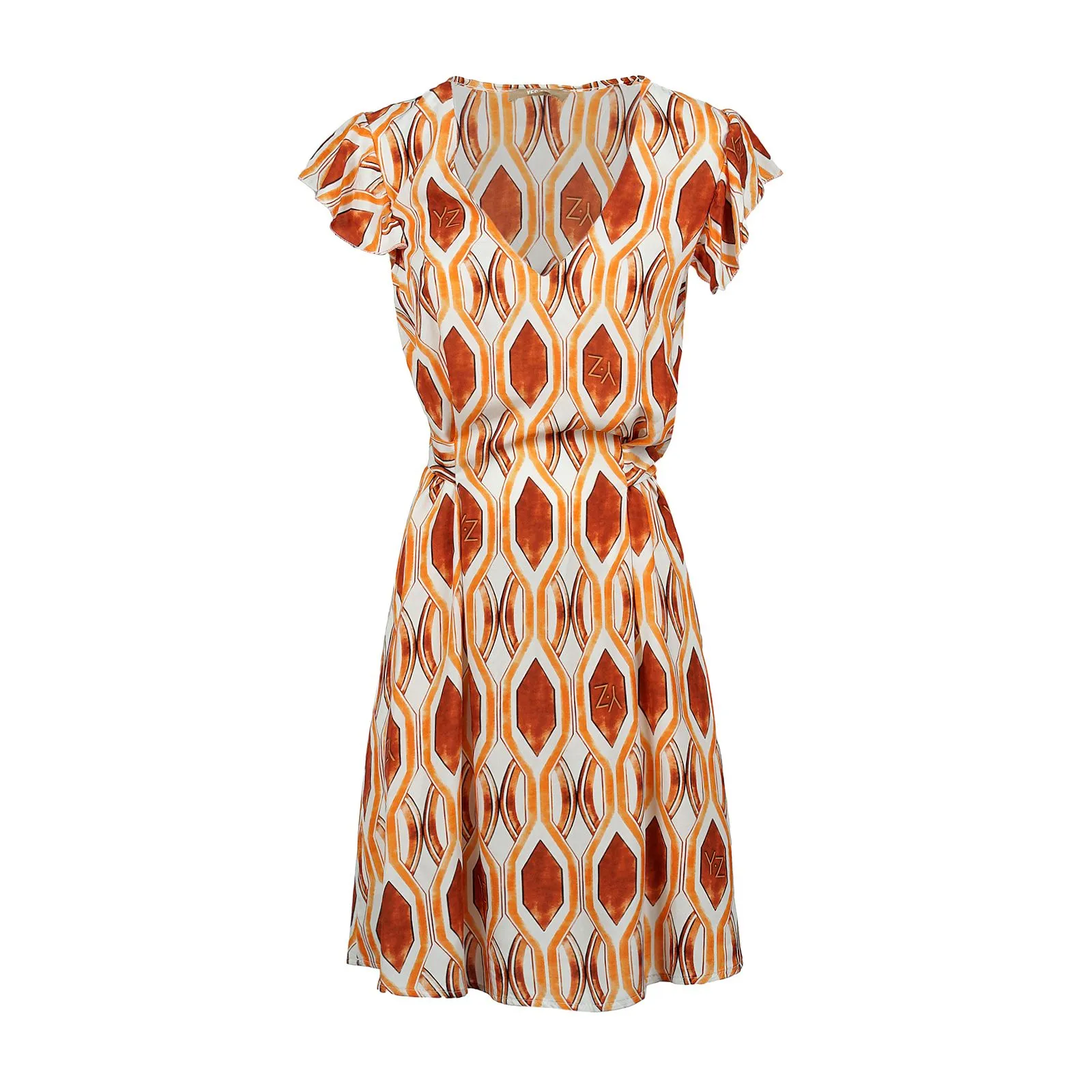 Vestito midi arancione con stampa geometrica