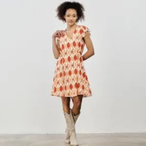 Vestito midi arancione con stampa geometrica