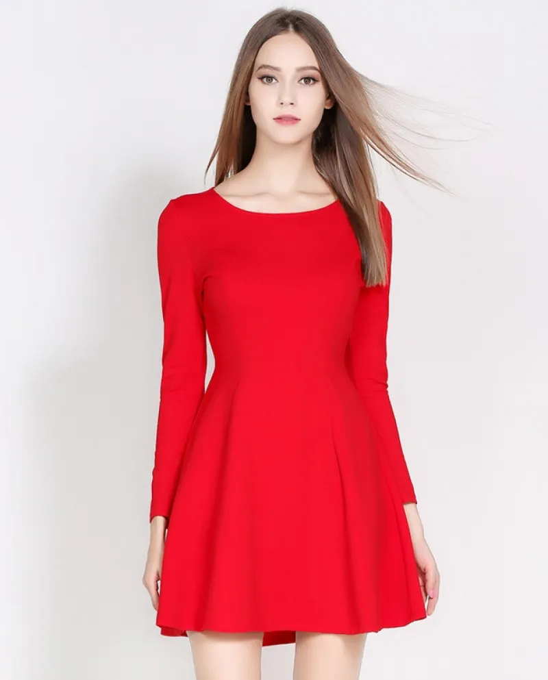 Womens Fit Simple Bottoming Black Long-sleeved Short A-line Sheath Dress